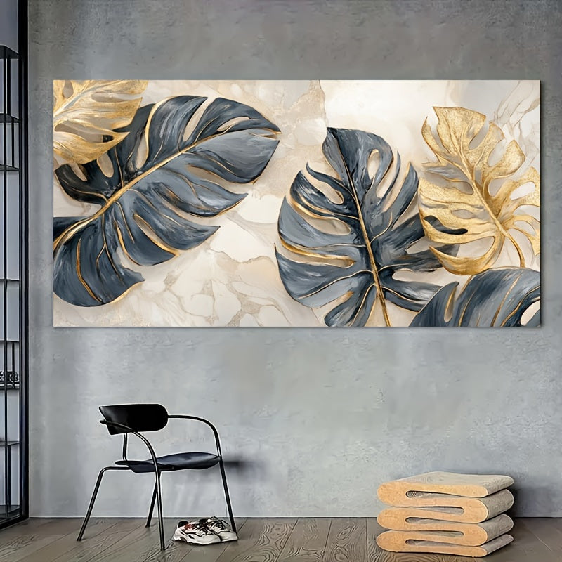 Zimonto - Modern Abstract Golden Leaves Canvas Art, 23.62" x 47.24", Frameless Fine Art Poster for Living Room & Bedroom Decor