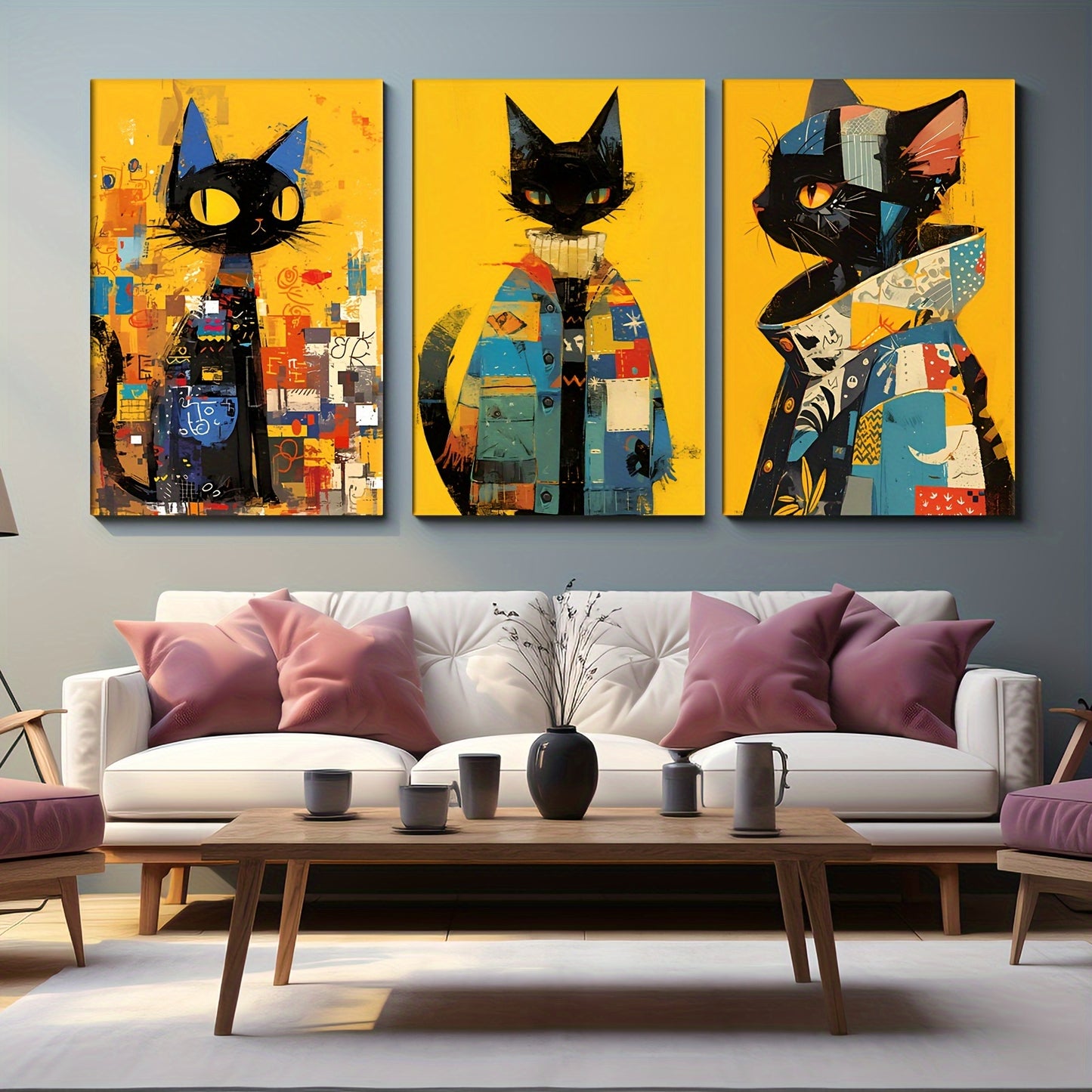 Zimonto - 3pcs Set of High-Definition Cat Art Prints with Frames - Perfect for Living Room, Bedroom & Entryway Decor | Ideal Gift for Friends, Cat Decor
