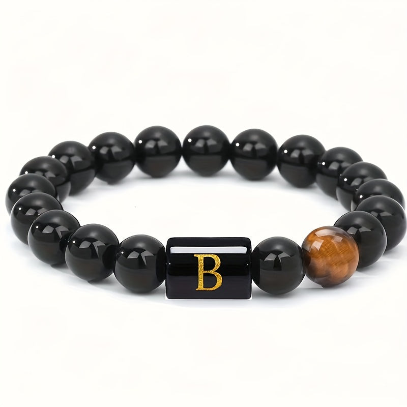 Zimonto - 1pc A to Z 26 Letters Fashion Tiger Eye Stone Men's Bracelet, Perfect Birthday, Valentine's Day, and Father's Day Gift for Husband and Boyfriend B