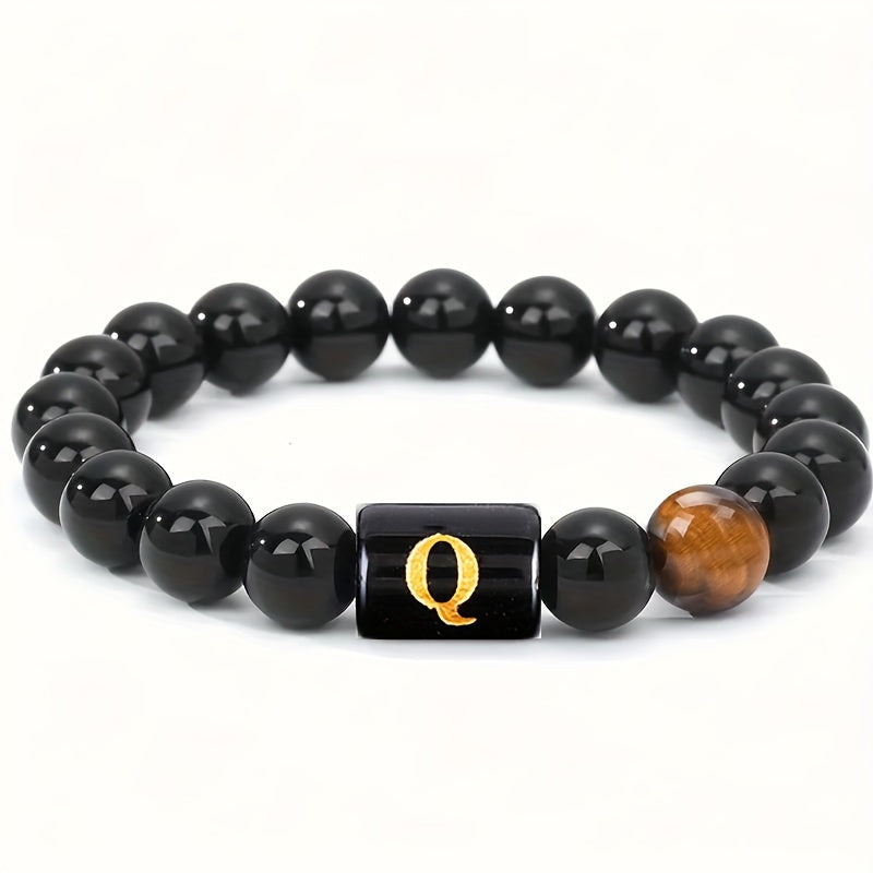 Zimonto - 1pc A to Z 26 Letters Fashion Tiger Eye Stone Men's Bracelet, Perfect Birthday, Valentine's Day, and Father's Day Gift for Husband and Boyfriend Q