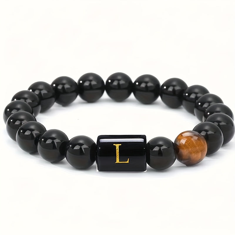 Zimonto - 1pc A to Z 26 Letters Fashion Tiger Eye Stone Men's Bracelet, Perfect Birthday, Valentine's Day, and Father's Day Gift for Husband and Boyfriend L