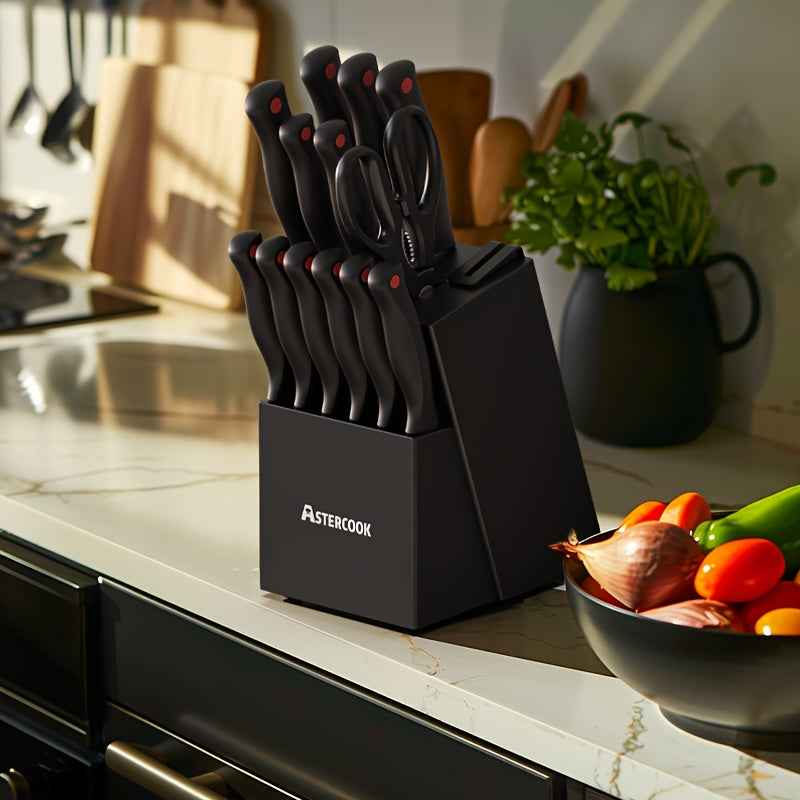 Astercook 15-Piece Knife Set With Built-In Sharpener, Sleek Black Block, Stainless Steel Durability