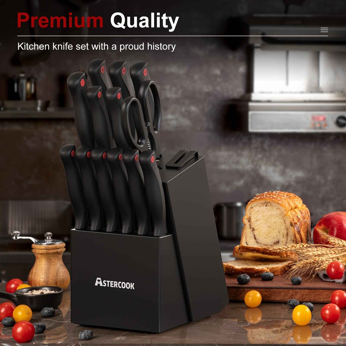 Astercook 15-Piece Knife Set With Built-In Sharpener, Sleek Black Block, Stainless Steel Durability