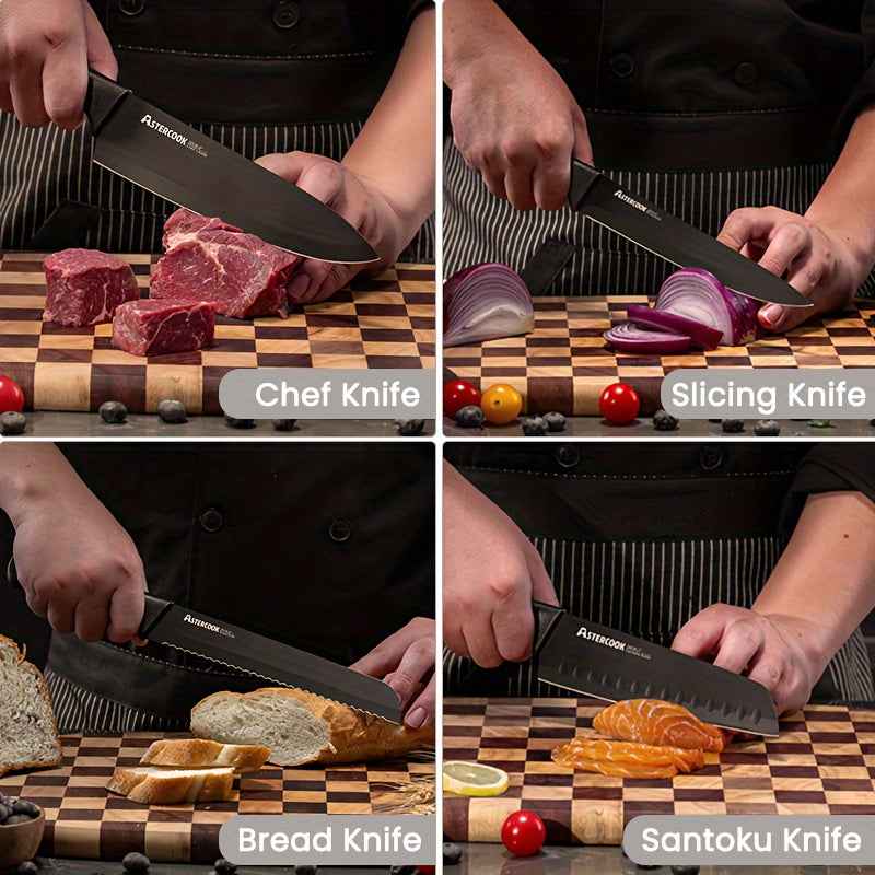 Astercook 15-Piece Knife Set With Built-In Sharpener, Stainless Steel Knives In Sleek Black Block