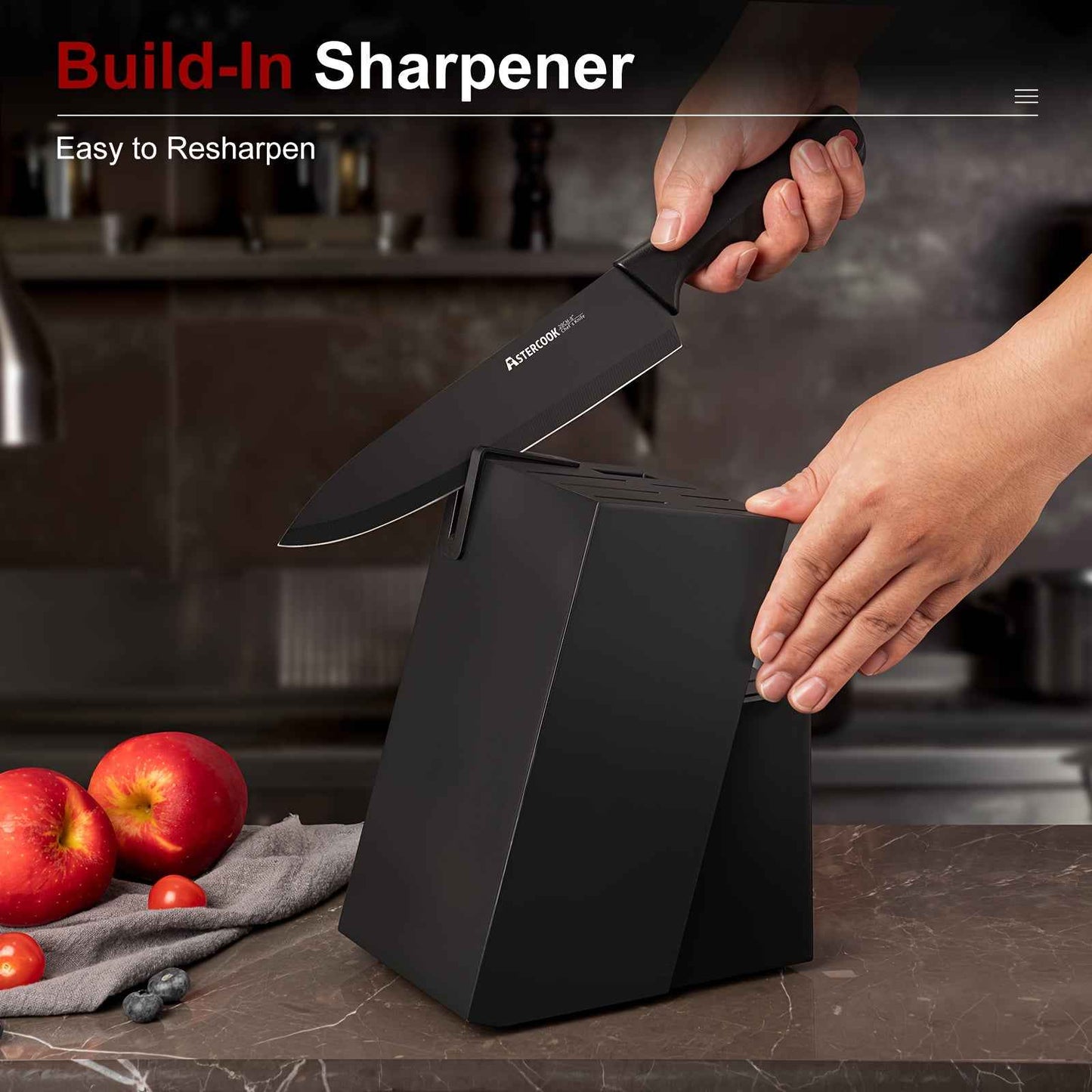 Astercook 15-Piece Knife Set With Built-In Sharpener, Stainless Steel Knives In Sleek Black Block