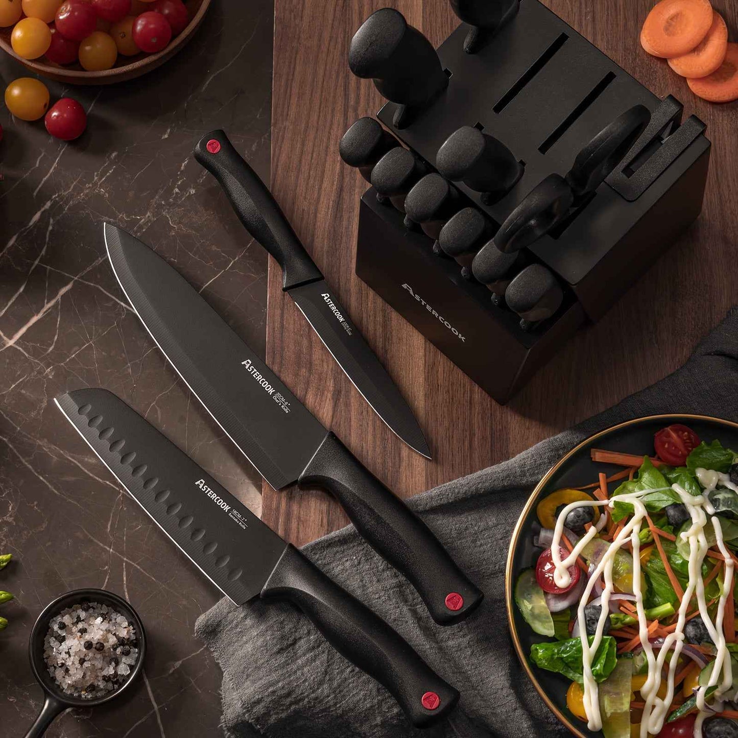 Astercook 15-Piece Knife Set With Built-In Sharpener, Stainless Steel Knives In Sleek Black Block