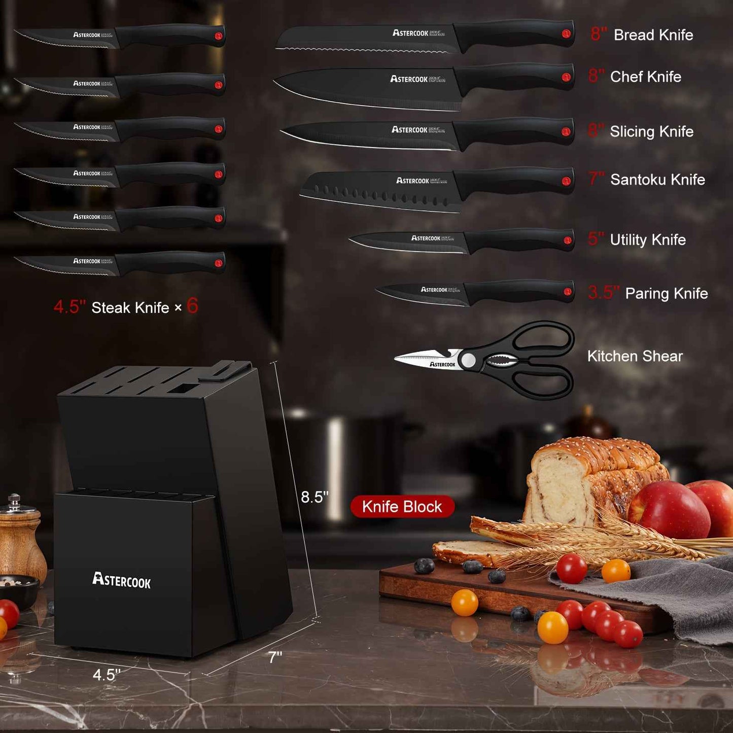 Astercook 15-Piece Knife Set With Built-In Sharpener, Stainless Steel Knives In Sleek Black Block