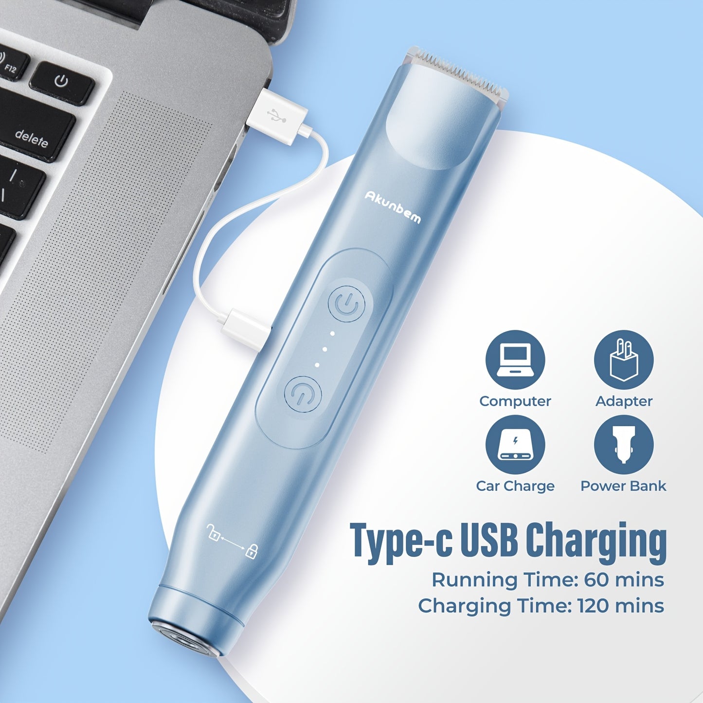Sleek and modern electric shaver with dual heads, featured on a minimalistic product placement image alongside a laptop, USB adapter, and car charging icon. The "Type-c USB Charging" label highlights the device's convenient charging capabilities, including a running time of 60 minutes and charging time of 120 minutes.