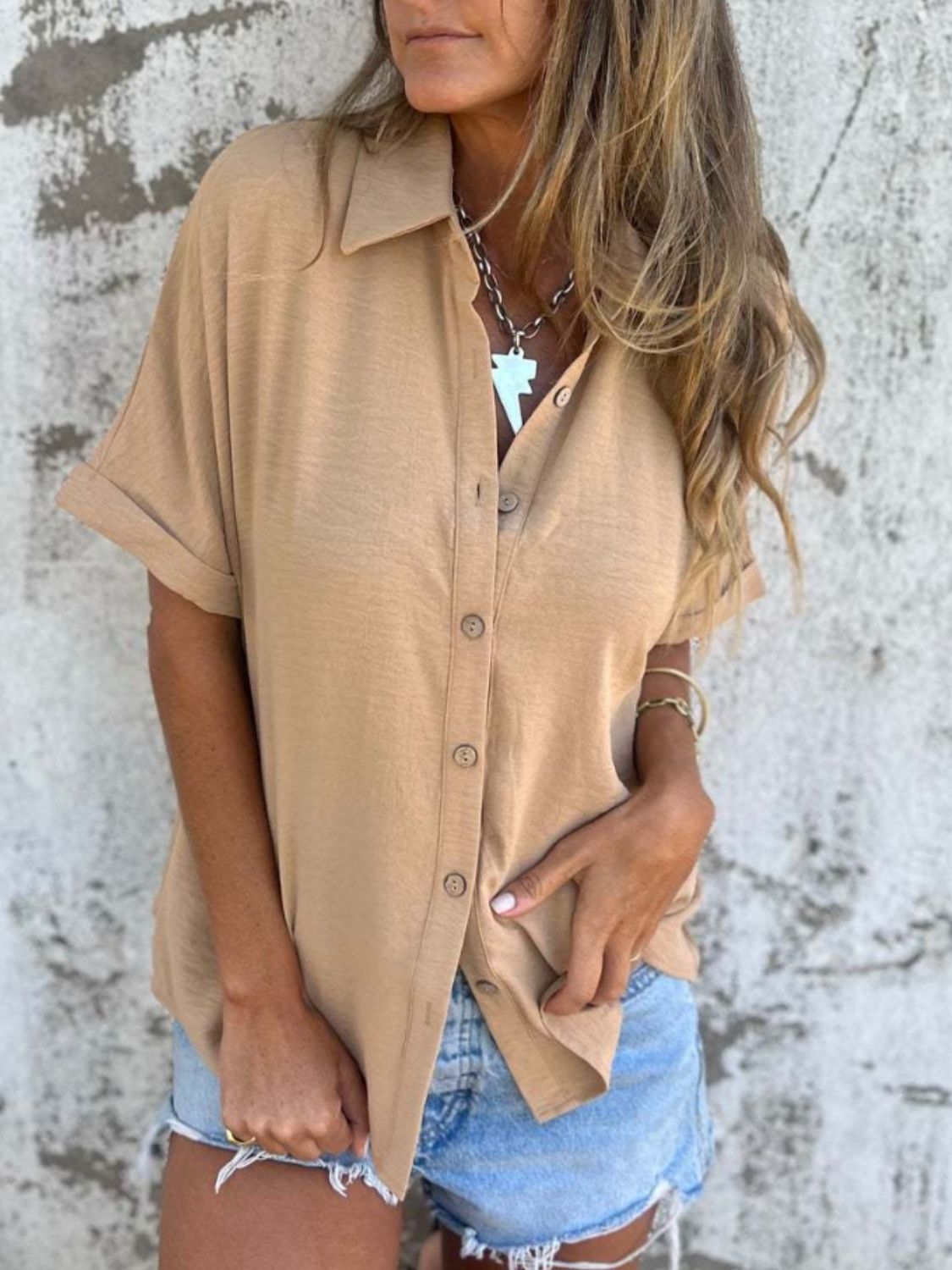 Trendsi - Full Size Button Down Short Sleeve Shirt Plus Size