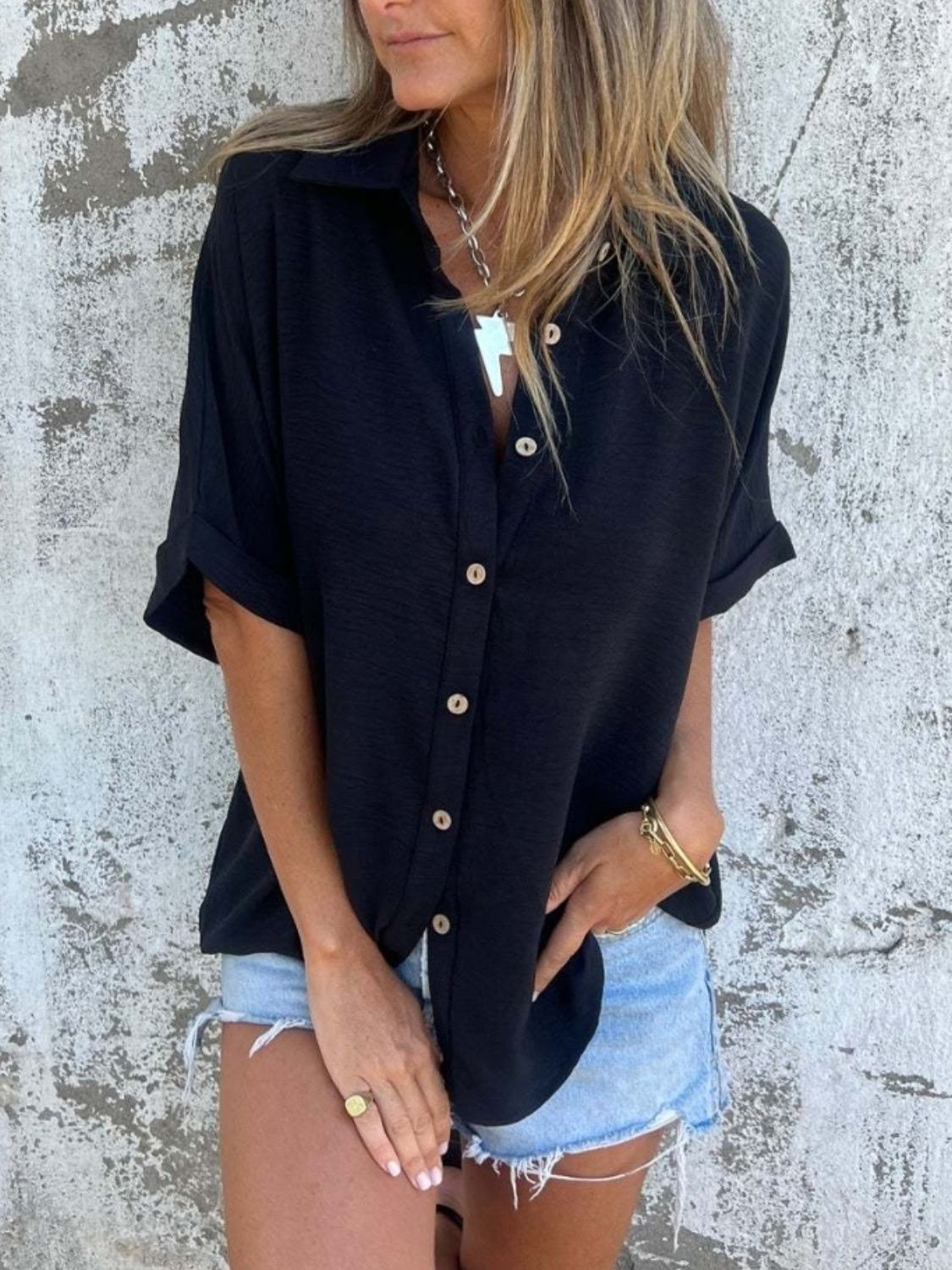 Trendsi - Full Size Button Down Short Sleeve Shirt Plus Size