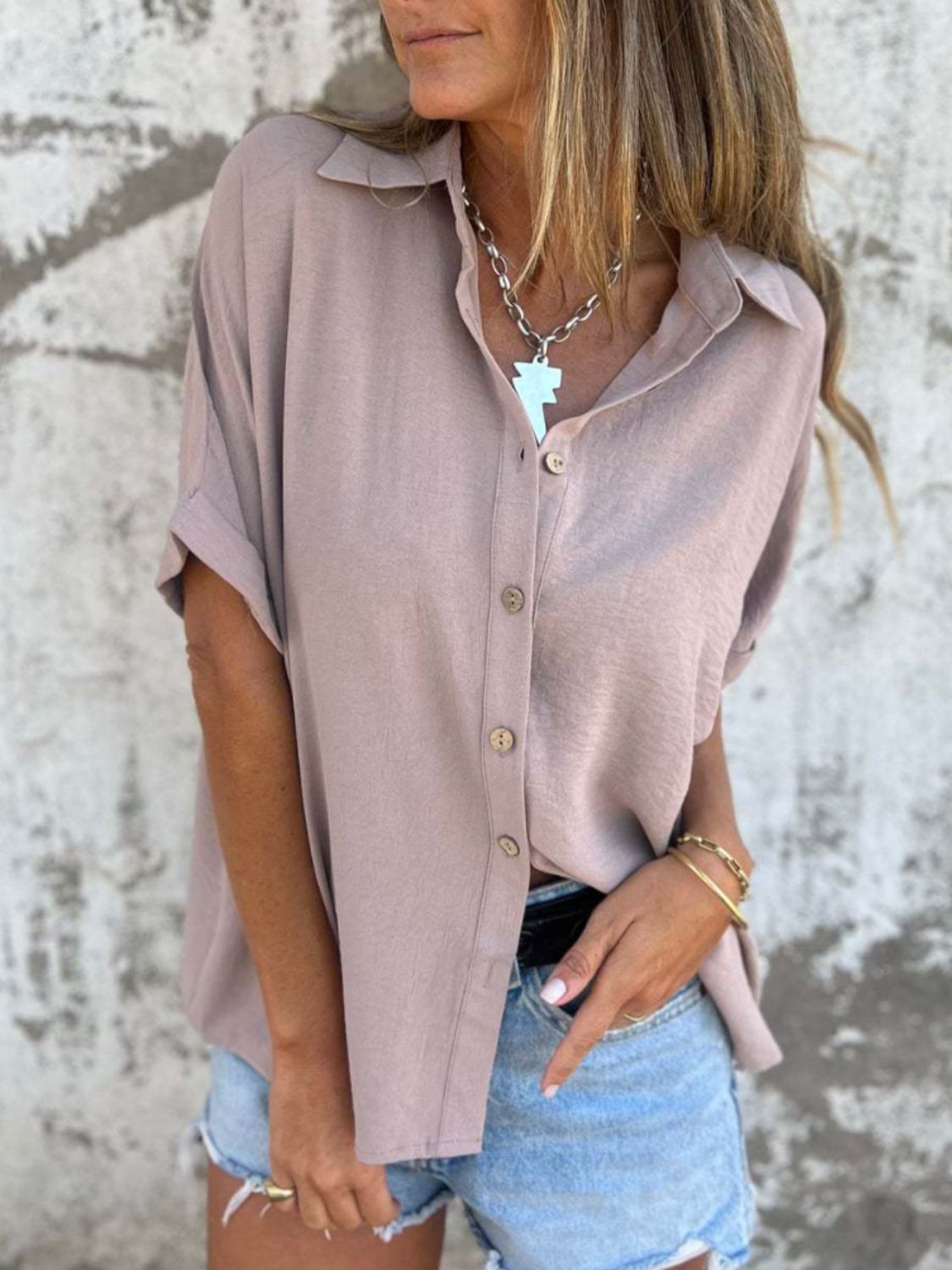 Trendsi - Full Size Button Down Short Sleeve Shirt Plus Size Mocha