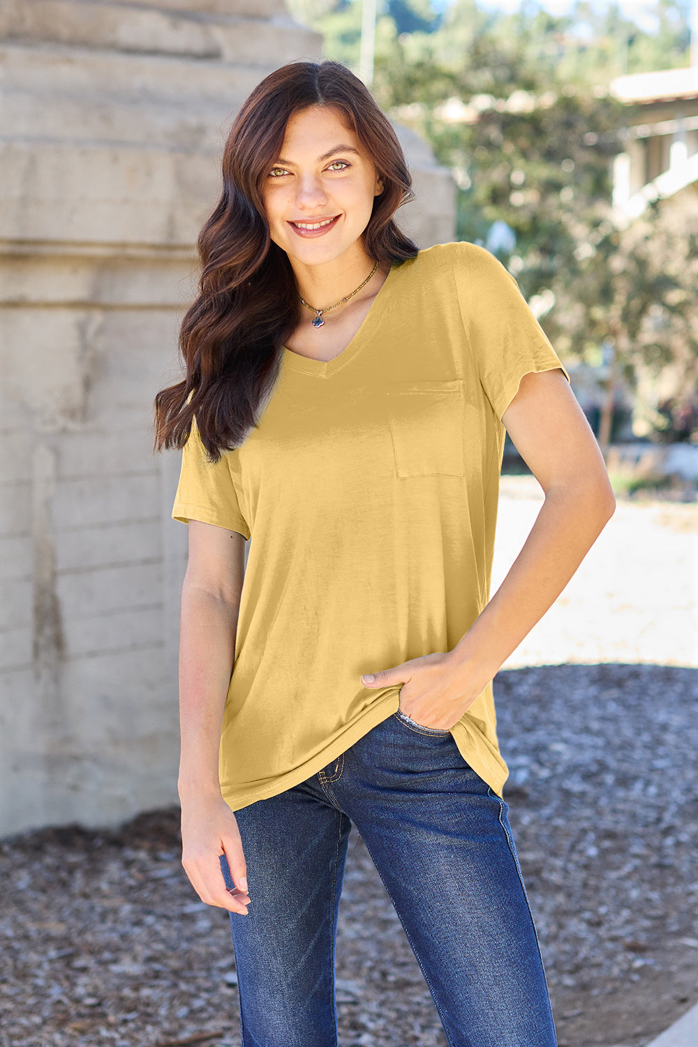 Zimonto - Basic Bae Bamboo Full Size V-Neck Short Sleeve T-Shirt Yellow