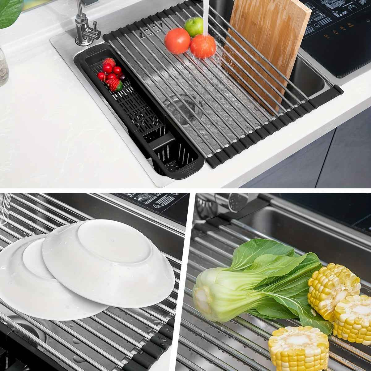 Versatile Black Stainless Steel RollUp Dish Drying Rack
