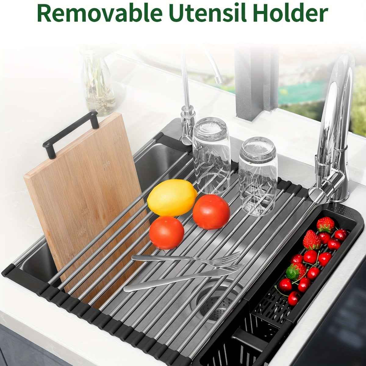 Versatile Black Stainless Steel RollUp Dish Drying Rack