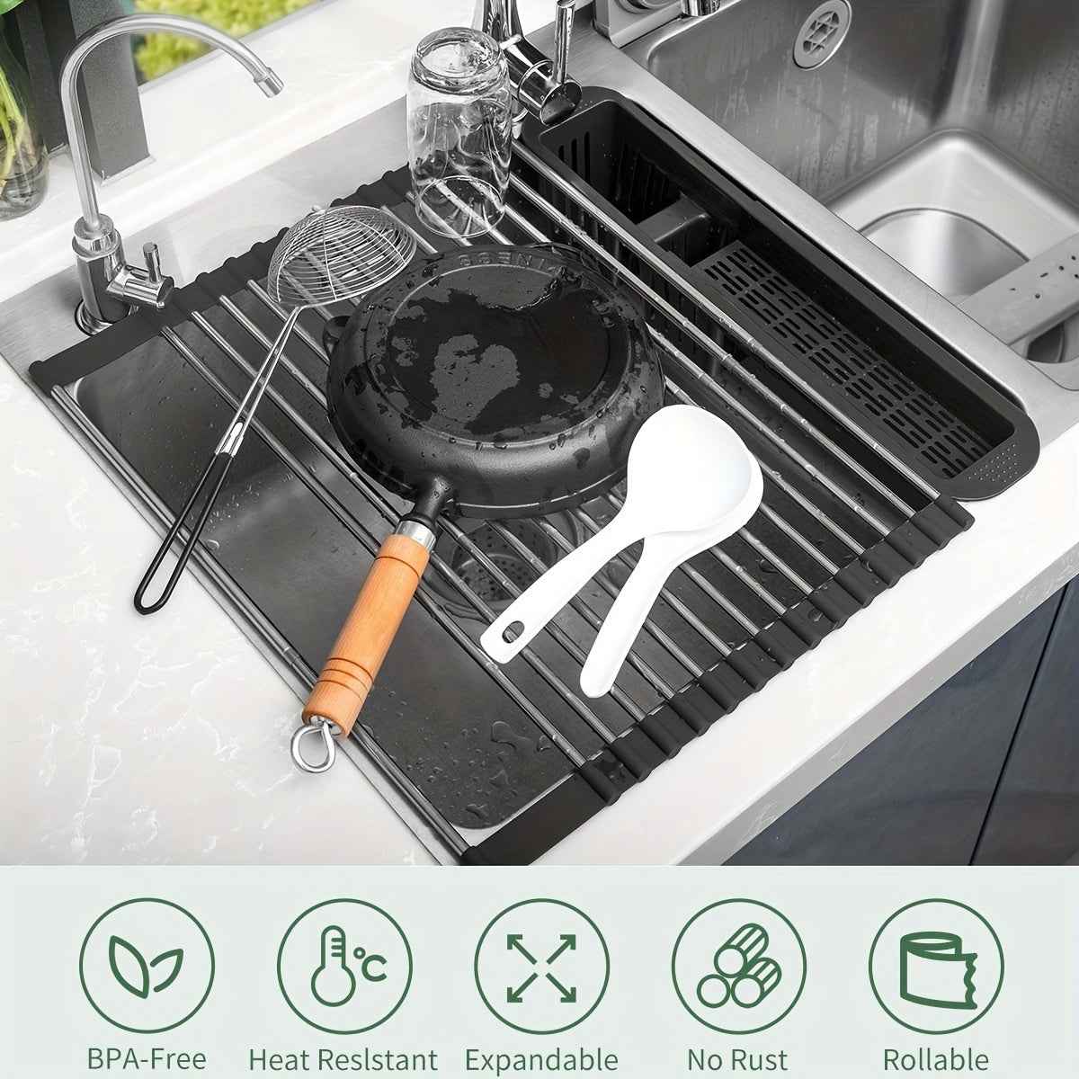 Versatile Black Stainless Steel RollUp Dish Drying Rack