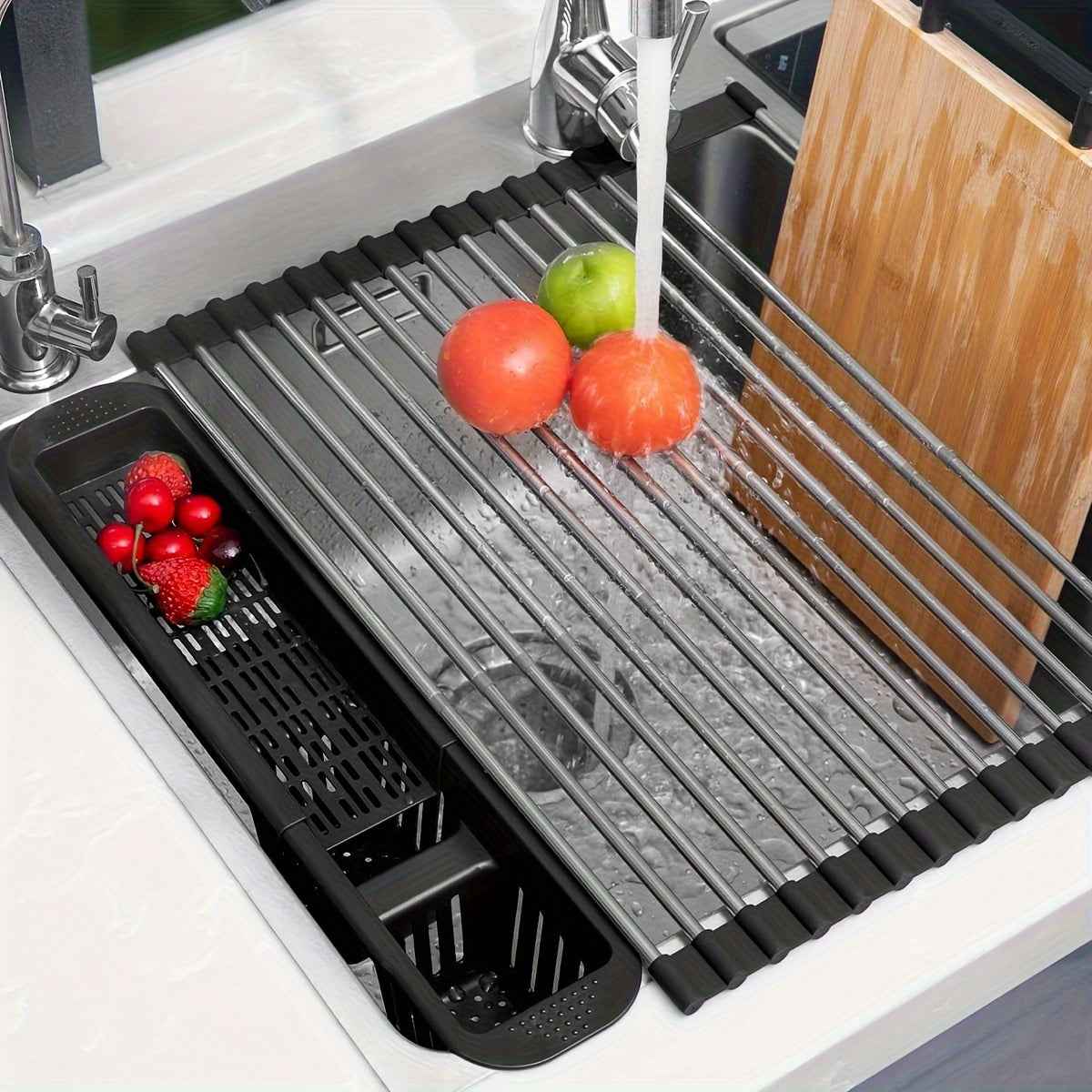 Versatile Black Stainless Steel RollUp Dish Drying Rack