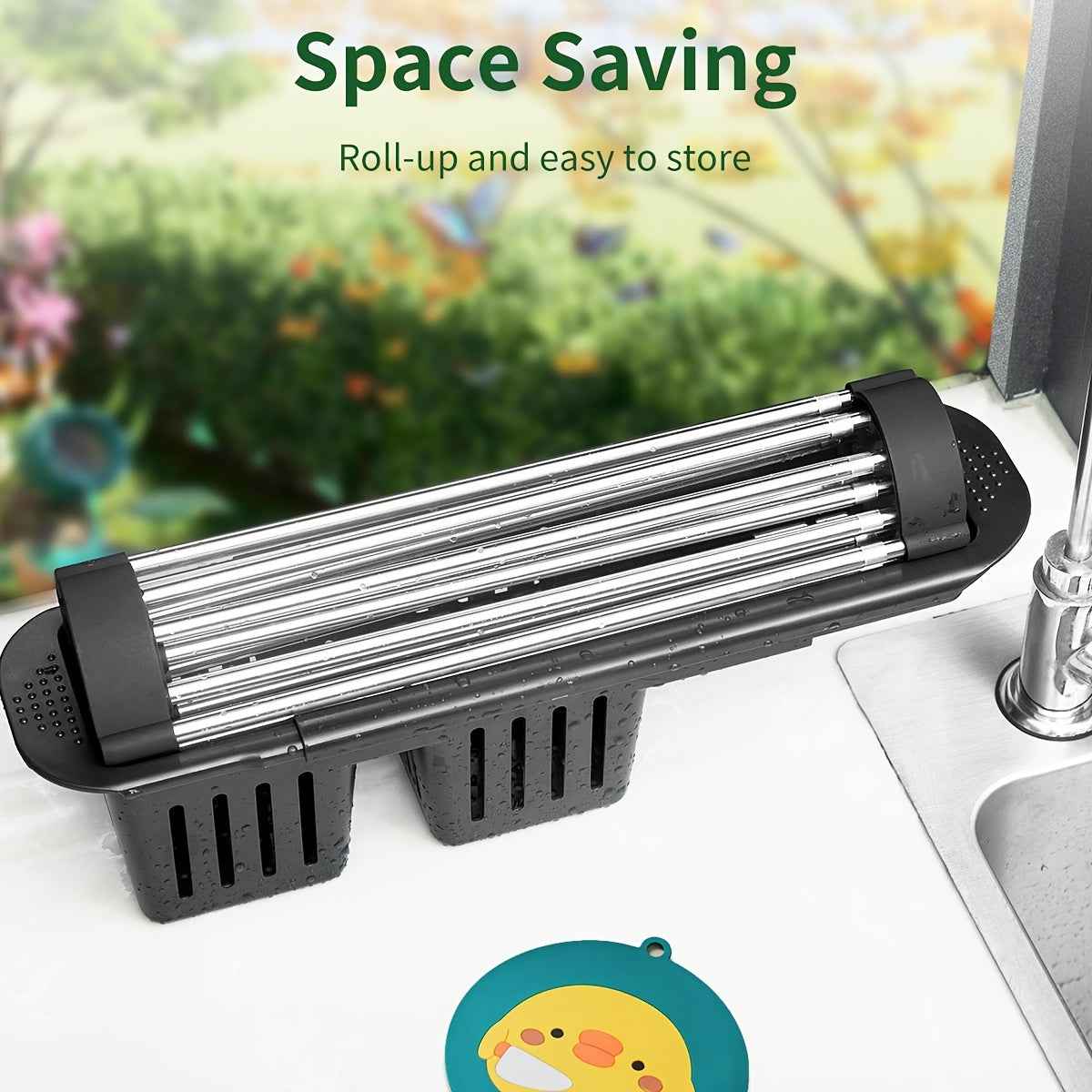 Versatile Black Stainless Steel RollUp Dish Drying Rack