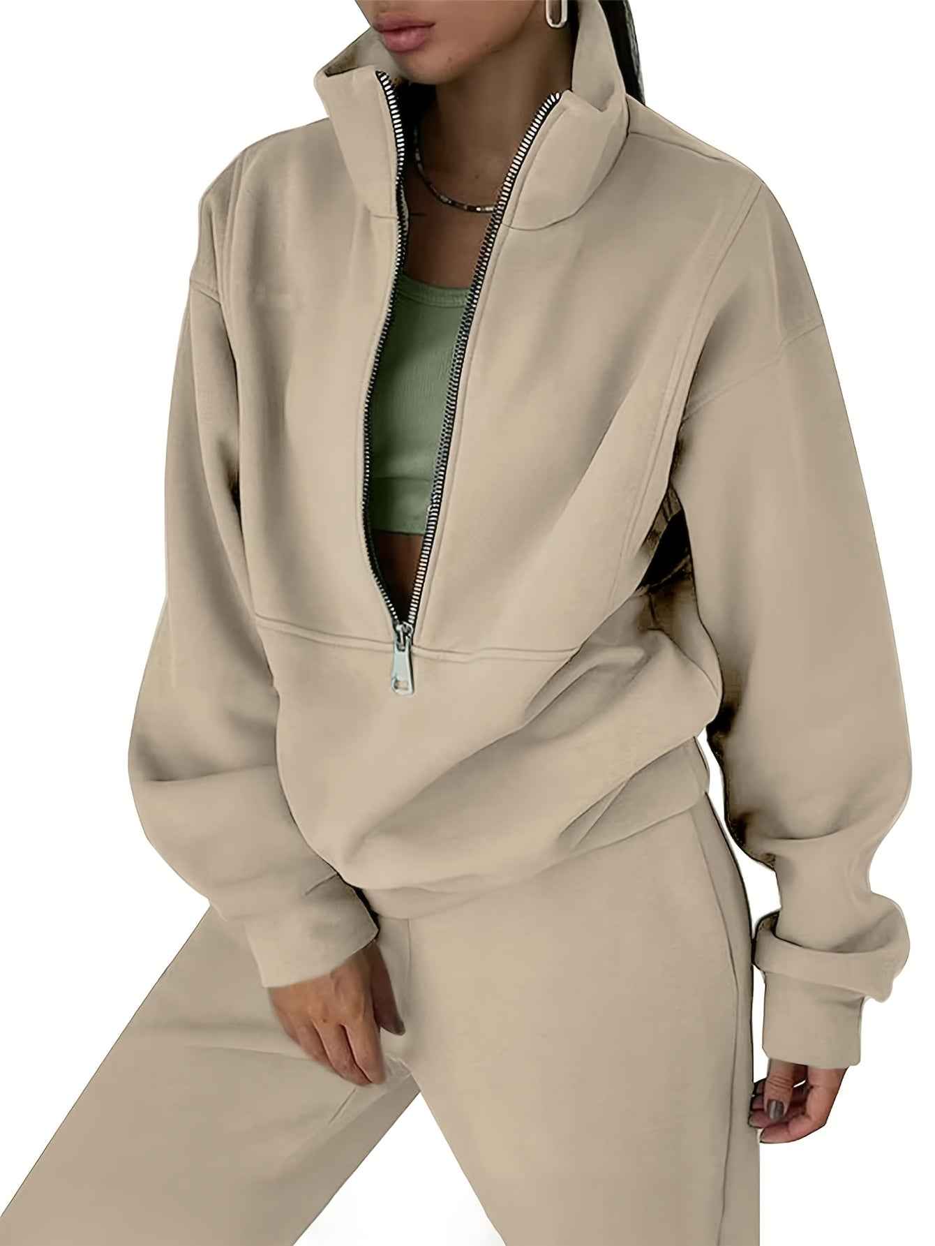 Womens Solid Color Fleece Jogger Set HalfZip Top Pants
