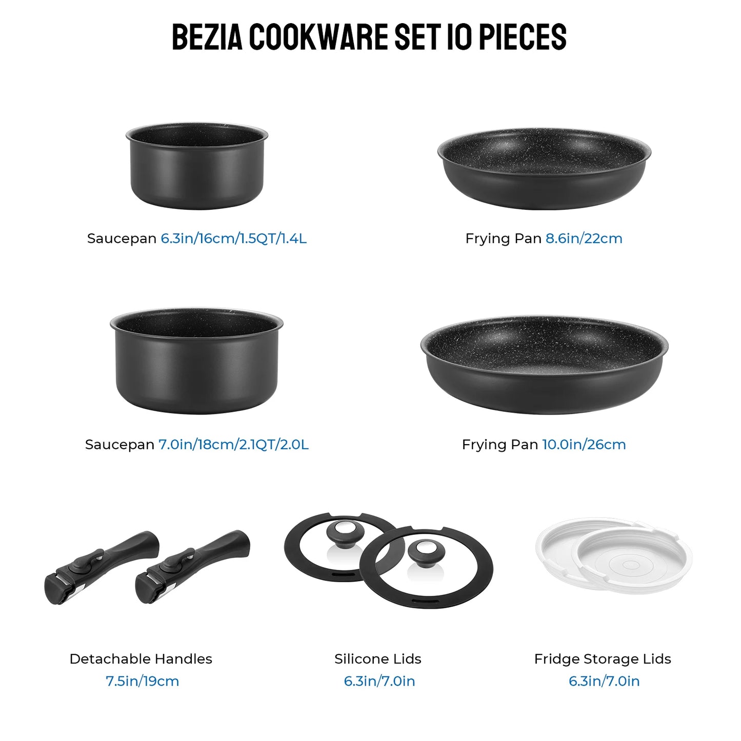 Zimonto - Induction Cookware Set 10 Pieces, Nonstick Pots and Pans Set with Removable Handles, for All Hobs, Stackable Design, Dishwasher/