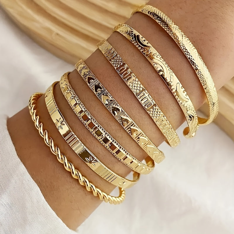 Zimonto - 7 Pcs Set Of Unique Bracelet Alloy Jewelry Hammered Pattern Arrow Love Exaggerated Personality Female Hand Jewelry Set Golden Yellow