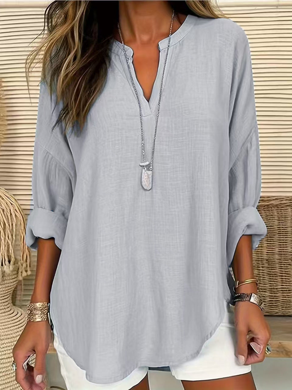 Zimonto - Solid Color Notched Long Sleeve Blouse Light Gray S