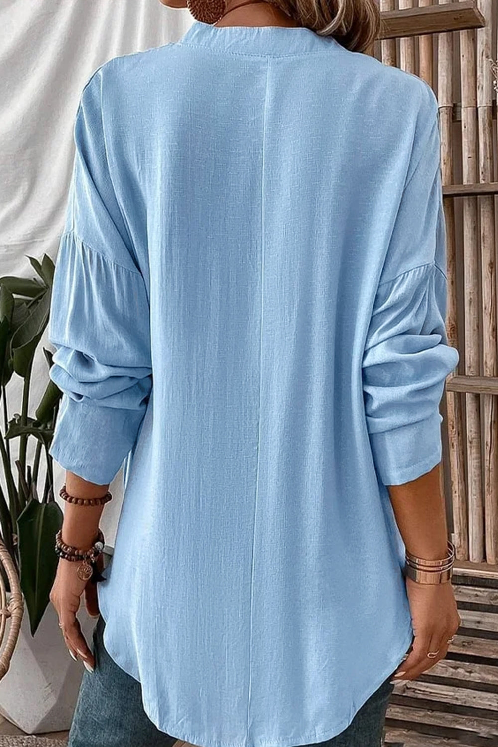 Zimonto - Solid Color Notched Long Sleeve Blouse