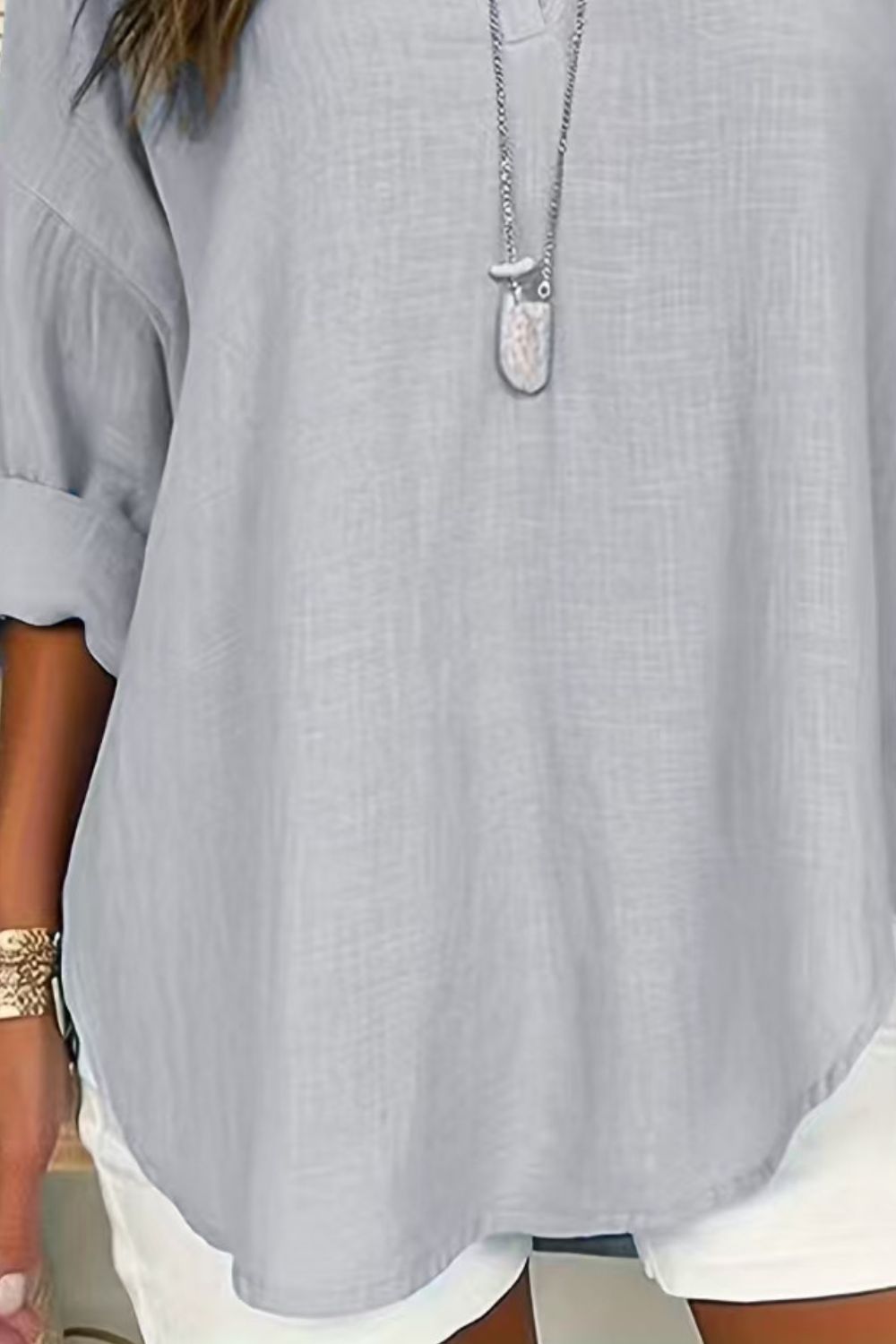 Zimonto - Solid Color Notched Long Sleeve Blouse