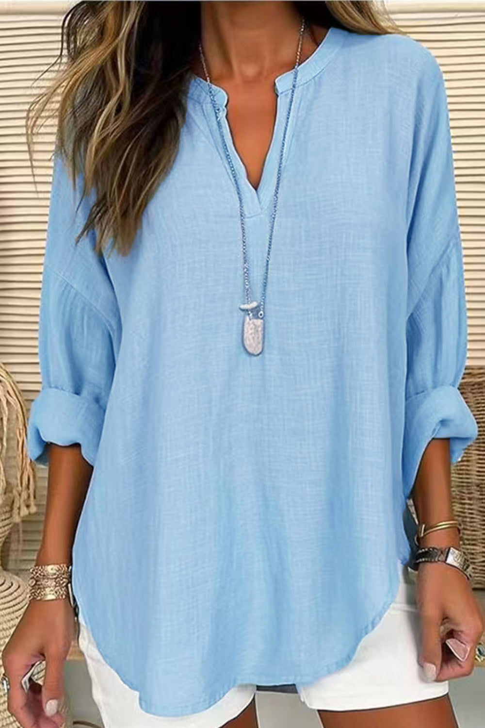 Zimonto - Solid Color Notched Long Sleeve Blouse Light Blue