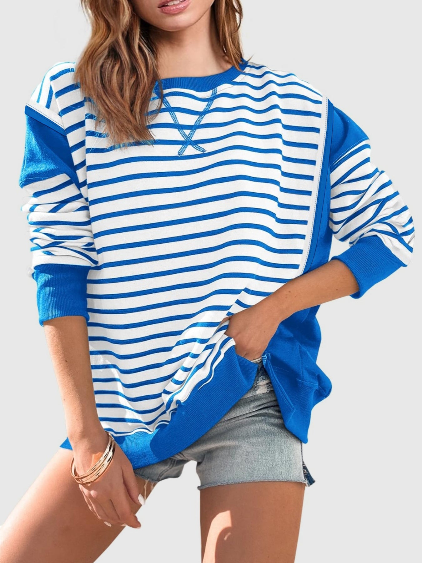 Zimonto - Slit Exposed Seam Striped Long Sleeve Sweatshirt Royal Blue
