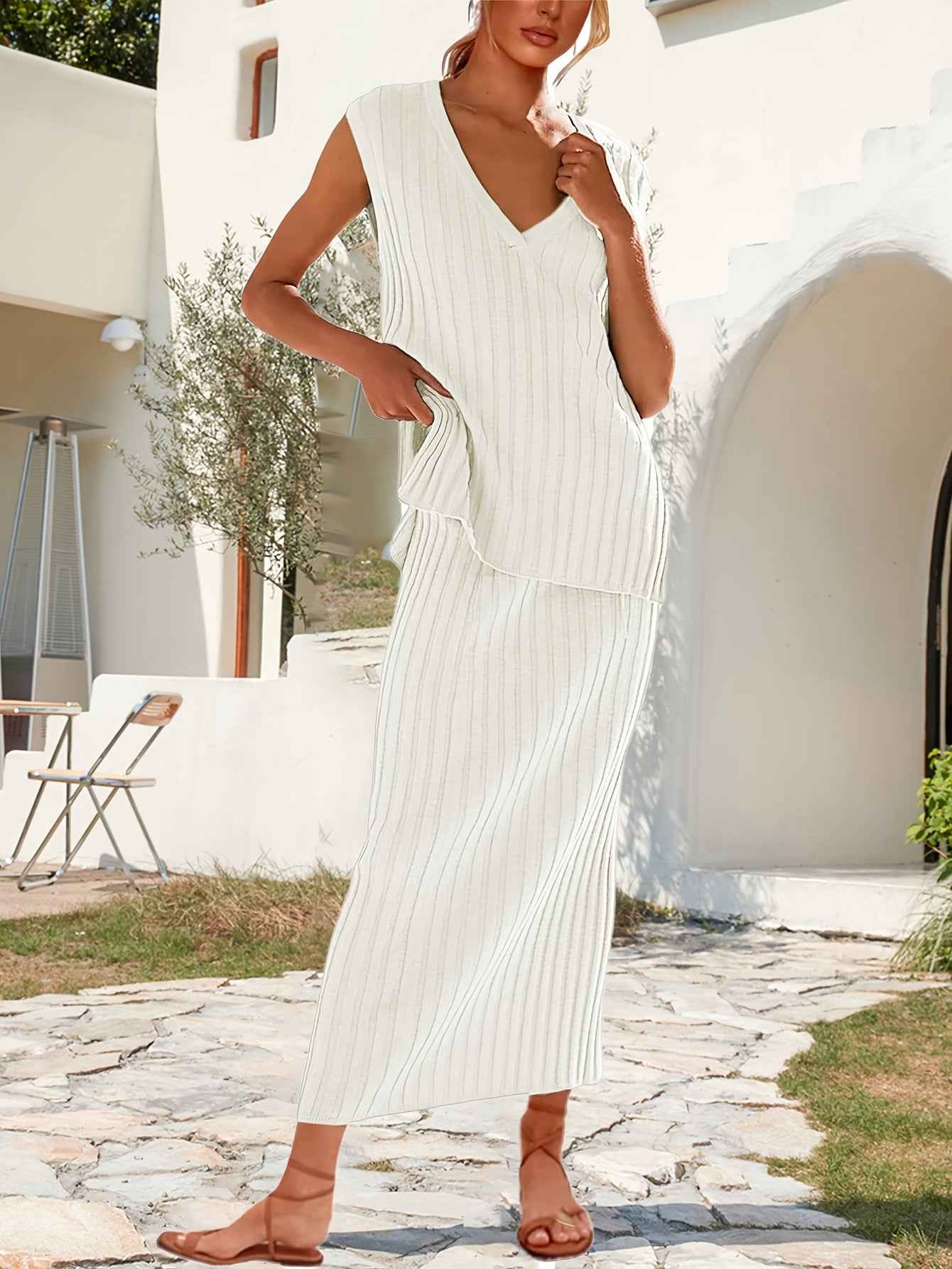 Stylish Womens Ribbed Knit VNeck Top Midi Skirt Set