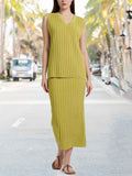 Stylish Womens Ribbed Knit VNeck Top Midi Skirt Set