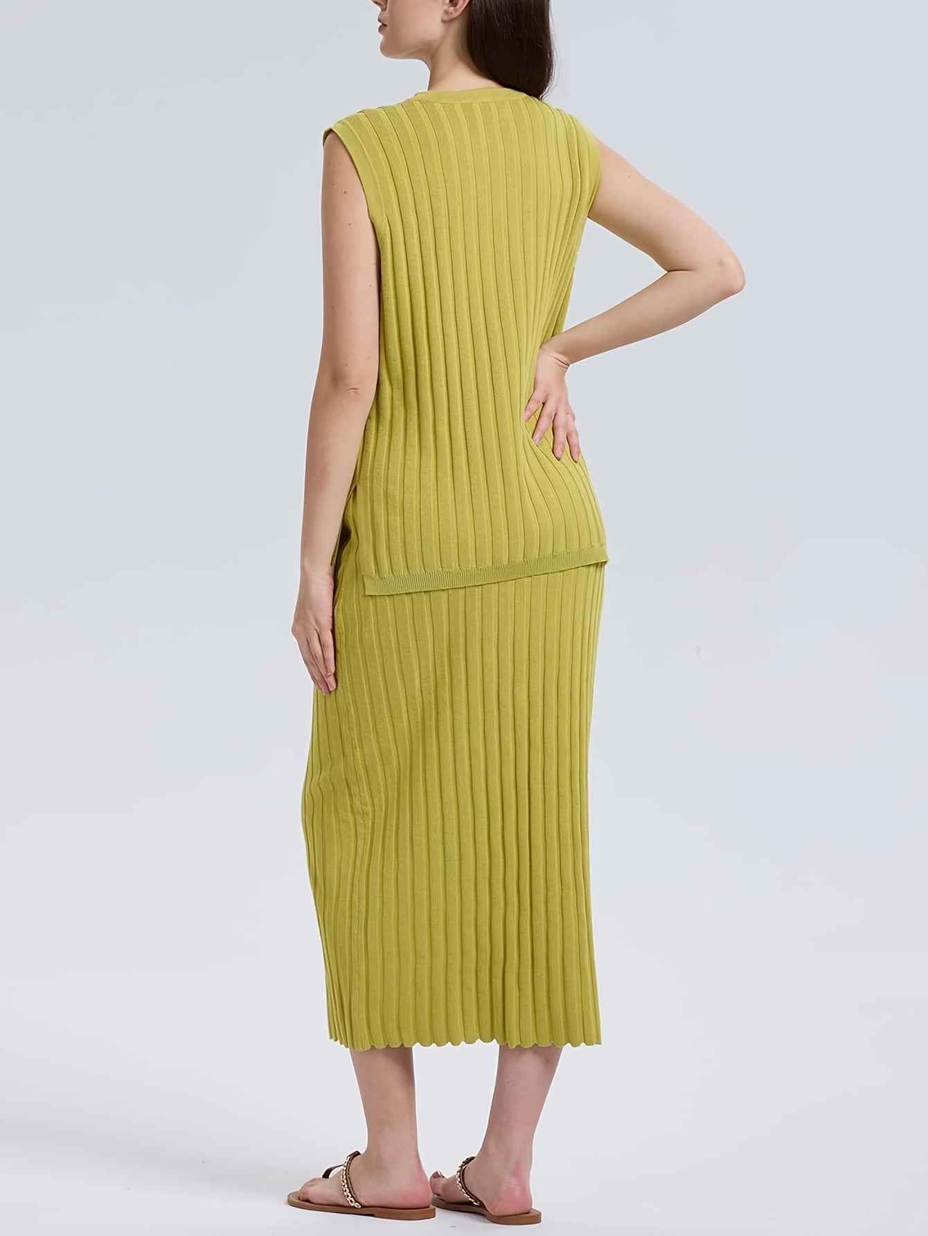 Stylish Womens Ribbed Knit VNeck Top Midi Skirt Set