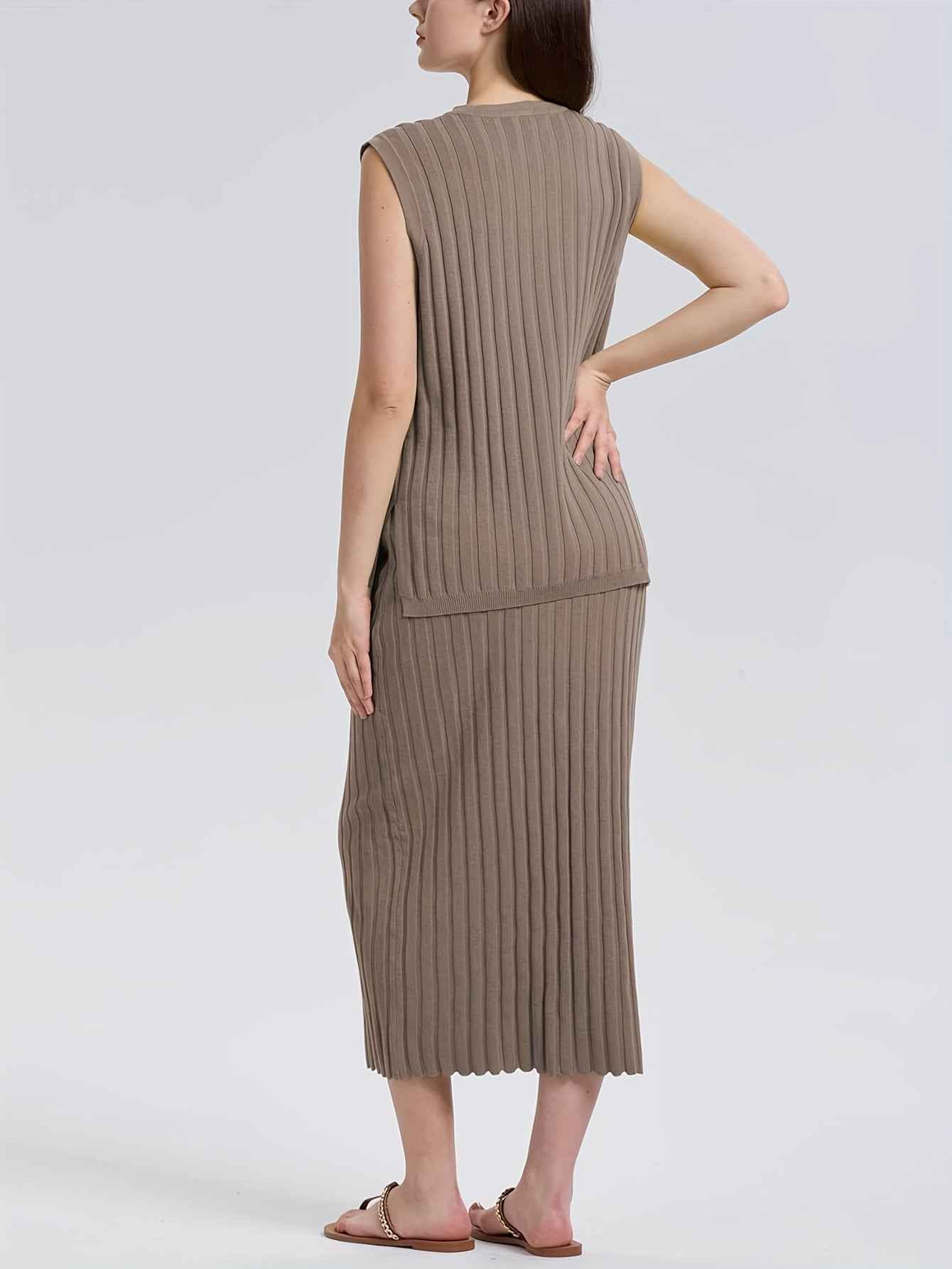Stylish Womens Ribbed Knit VNeck Top Midi Skirt Set
