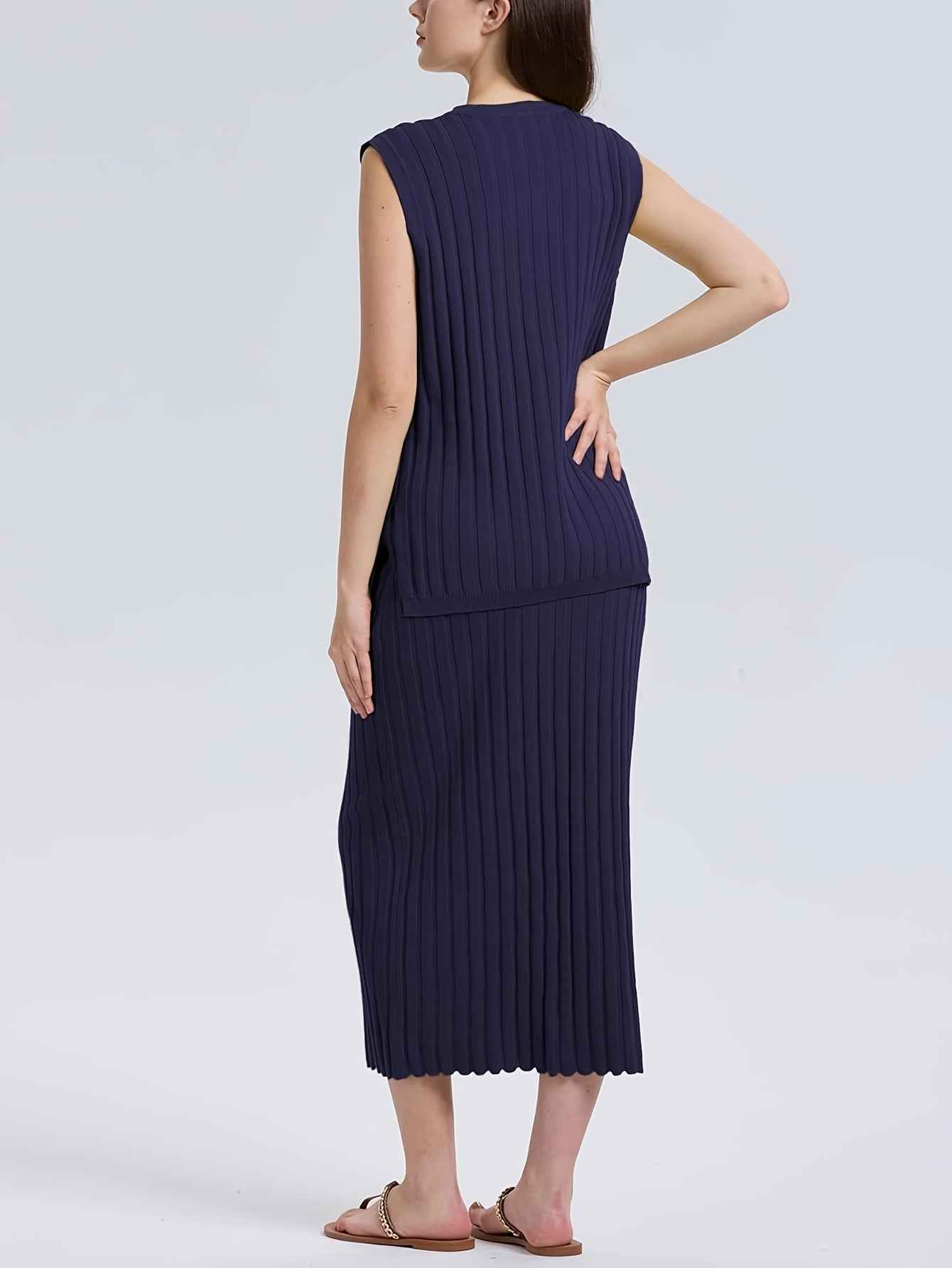 Stylish Womens Ribbed Knit VNeck Top Midi Skirt Set