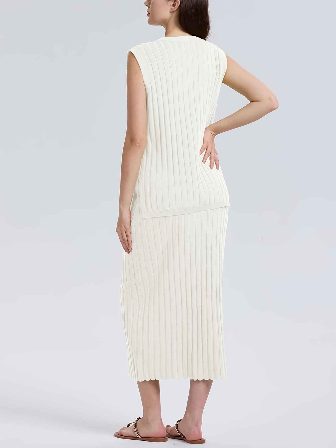 Stylish Womens Ribbed Knit VNeck Top Midi Skirt Set