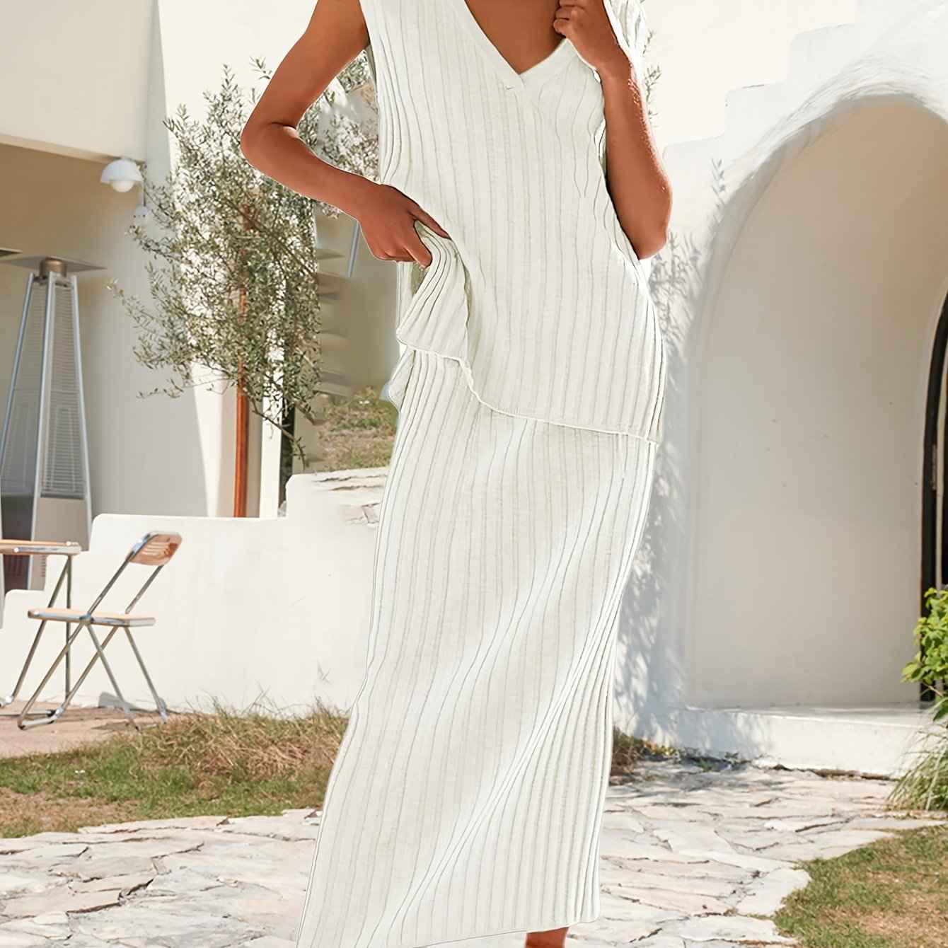 Stylish Womens Ribbed Knit VNeck Top Midi Skirt Set