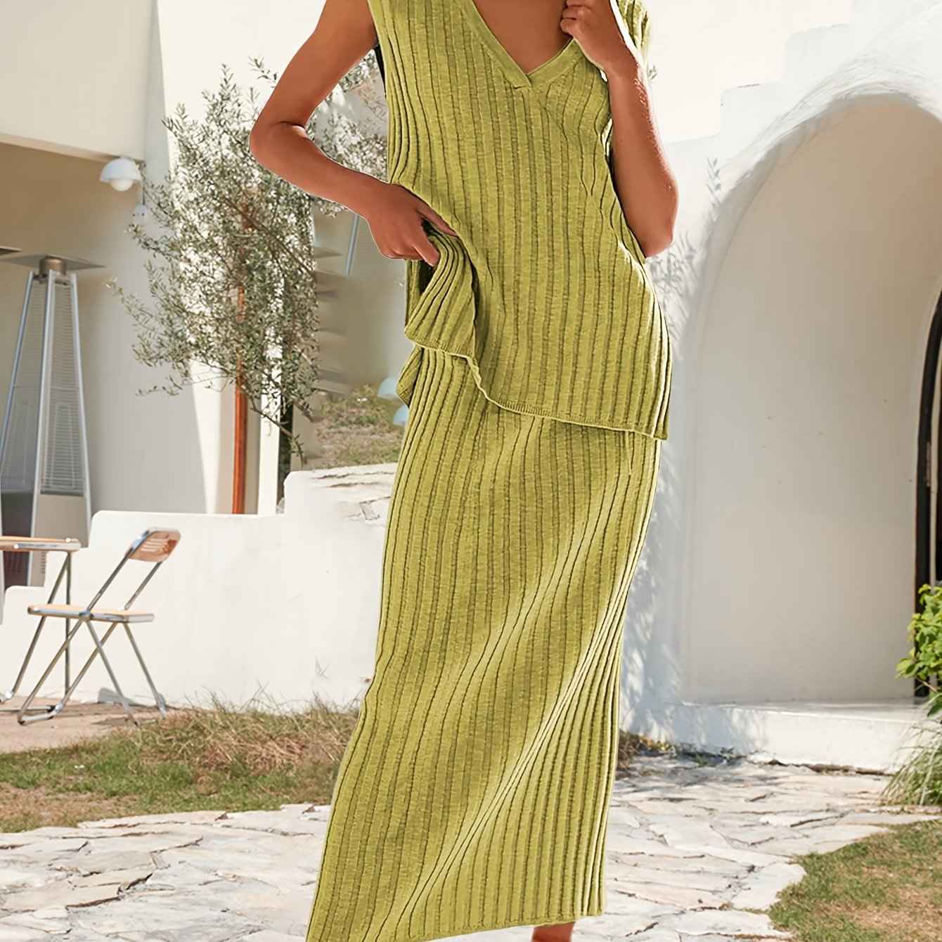 Stylish Womens Ribbed Knit VNeck Top Midi Skirt Set