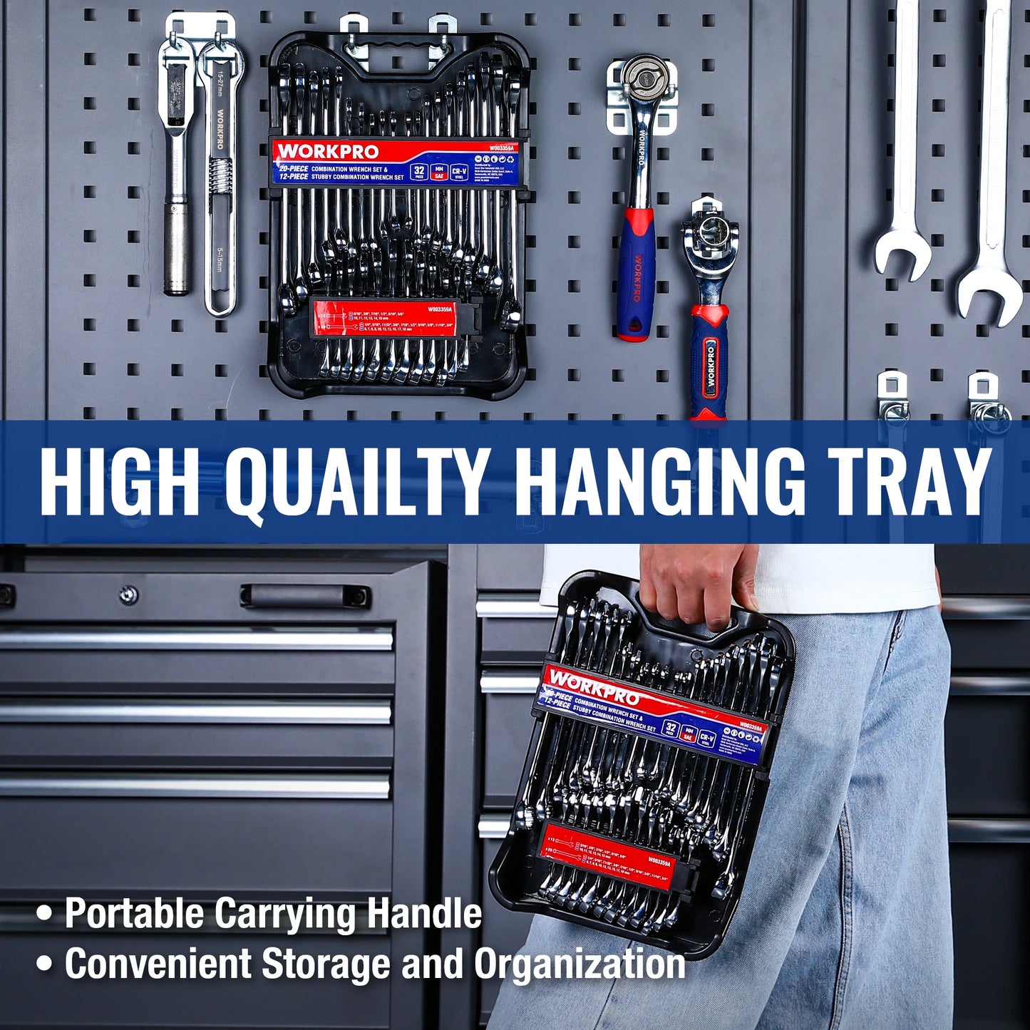 Zimonto - WORKPRO 32-Piece SAE & Metric Combination Wrenches Set, 20-Piece Standard wrenches and 12-Piece Stubby Wrenches with Organizer