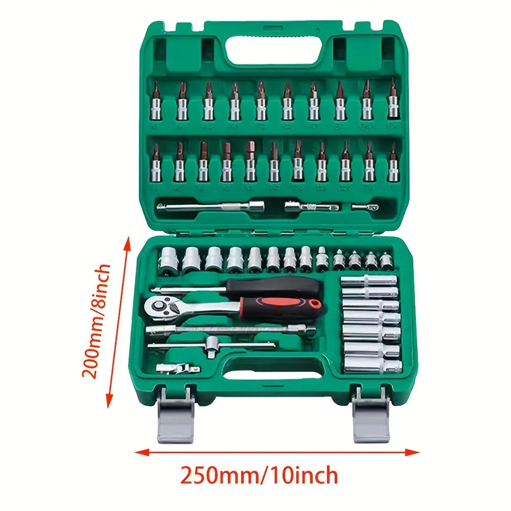 Zimonto - 53pcs, 1/4 Inch Drive Socket Ratchet Wrench Set, Bit Socket, Metric And Extension Bar Set For Automotive Repair