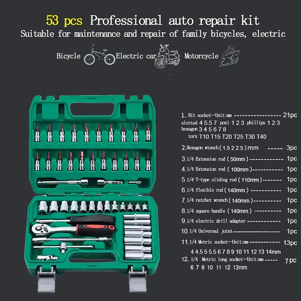 Zimonto - 53pcs, 1/4 Inch Drive Socket Ratchet Wrench Set, Bit Socket, Metric And Extension Bar Set For Automotive Repair