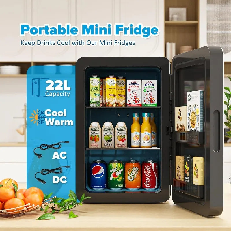 Zimonto - 22L/30Cans Mini Fridge for Bedroom, 12v DC Portable Cooler & Warmer, Mini Refrigerator with Glass Front, for Car Office Desk