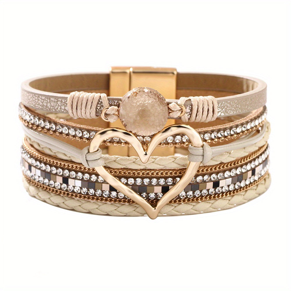 Zimonto - Bohemian Multi-layer Leather Bracelet Hand-woven Bracelet Golden Big Heart Ladies Fashion Bracelet Cream Color