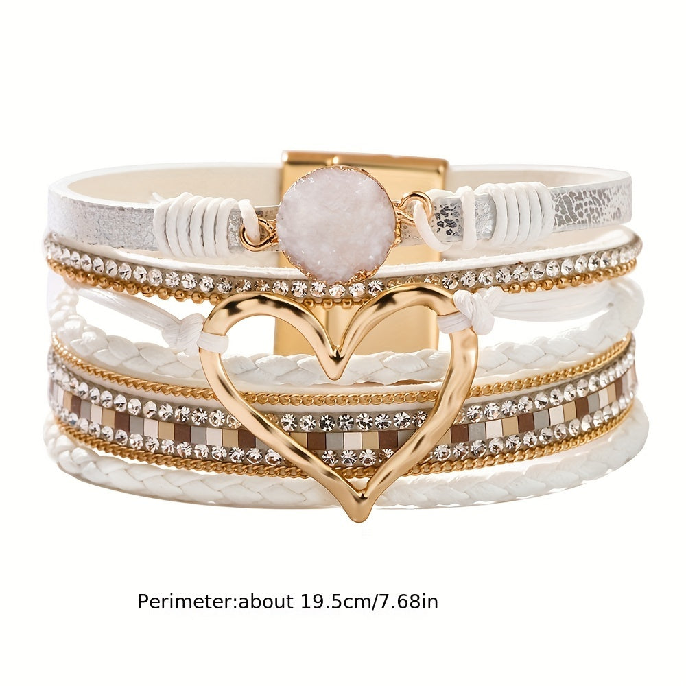 Zimonto - Bohemian Multi-layer Leather Bracelet Hand-woven Bracelet Golden Big Heart Ladies Fashion Bracelet