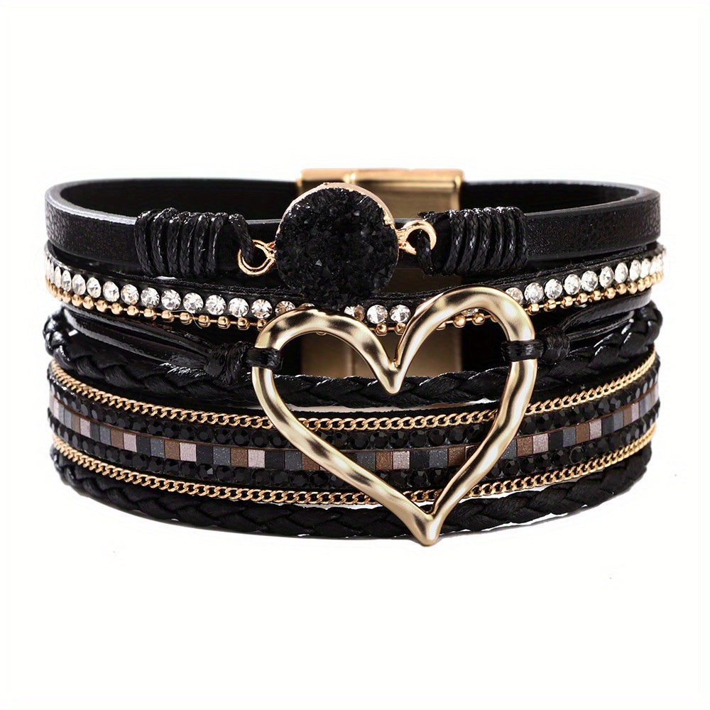 Zimonto - Bohemian Multi-layer Leather Bracelet Hand-woven Bracelet Golden Big Heart Ladies Fashion Bracelet Black