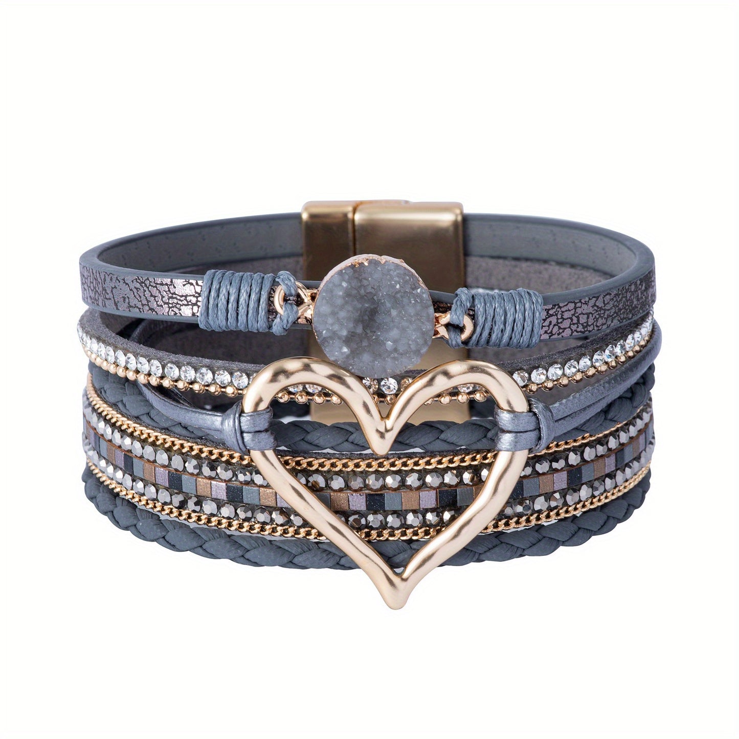 Zimonto - Bohemian Multi-layer Leather Bracelet Hand-woven Bracelet Golden Big Heart Ladies Fashion Bracelet Slate Grey