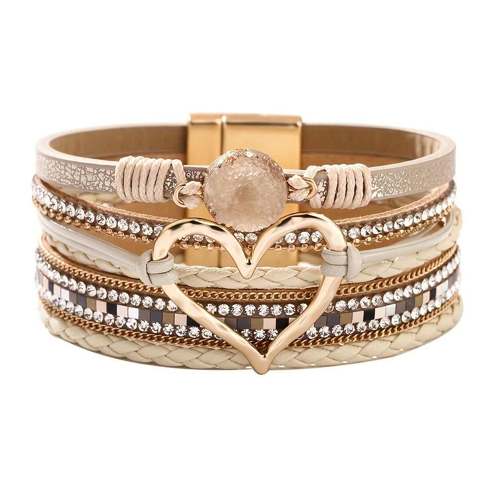 Zimonto - Bohemian Multi-layer Leather Bracelet Hand-woven Bracelet Golden Big Heart Ladies Fashion Bracelet