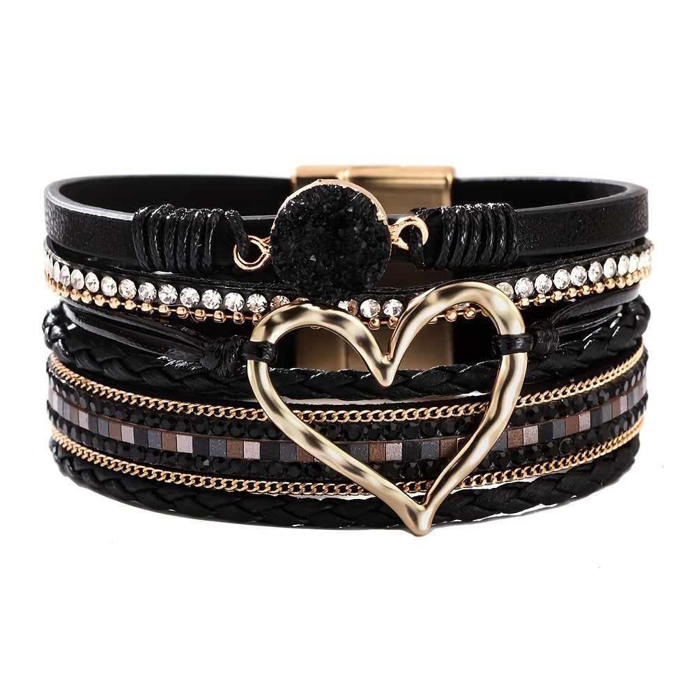 Zimonto - Bohemian Multi-layer Leather Bracelet Hand-woven Bracelet Golden Big Heart Ladies Fashion Bracelet