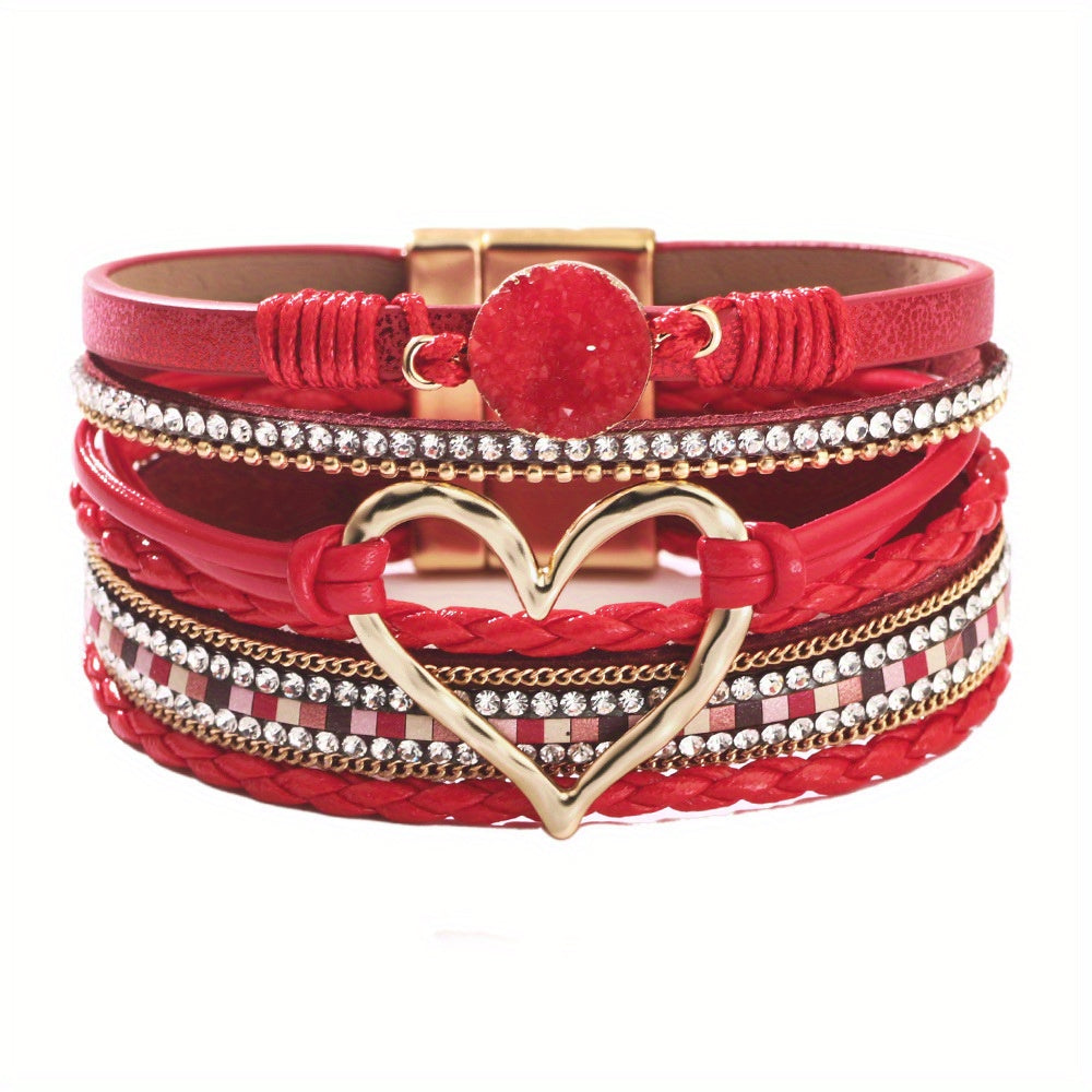 Zimonto - Bohemian Multi-layer Leather Bracelet Hand-woven Bracelet Golden Big Heart Ladies Fashion Bracelet Bright Red