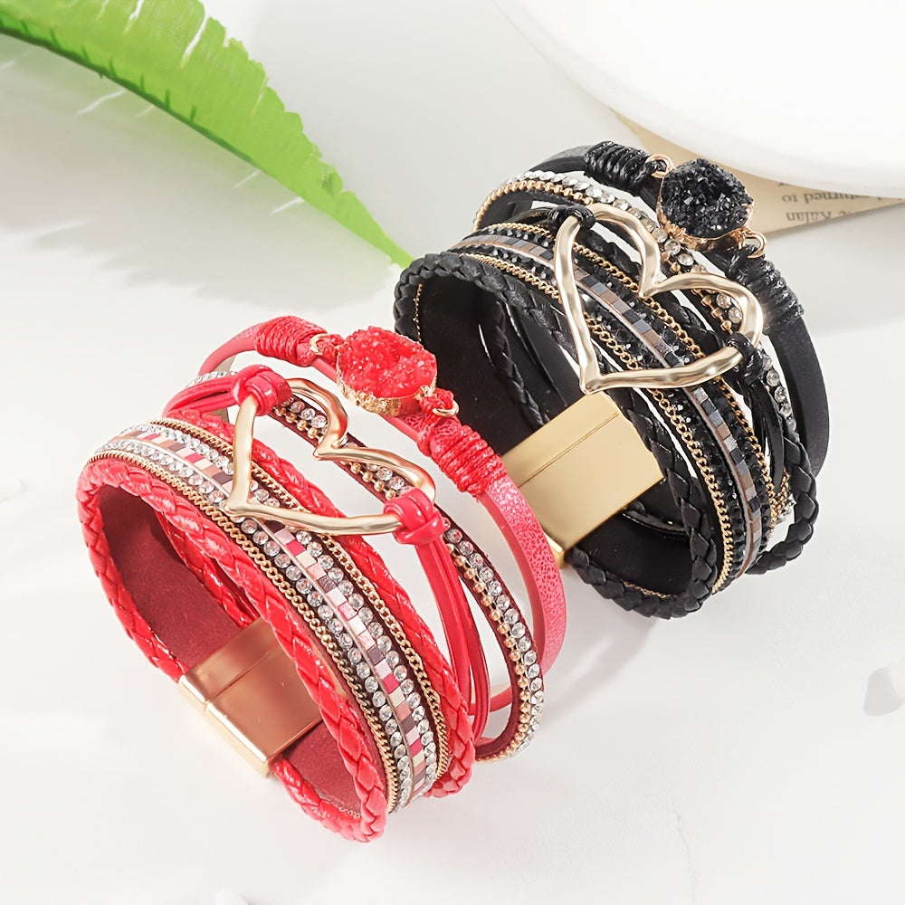 Zimonto - Bohemian Multi-layer Leather Bracelet Hand-woven Bracelet Golden Big Heart Ladies Fashion Bracelet