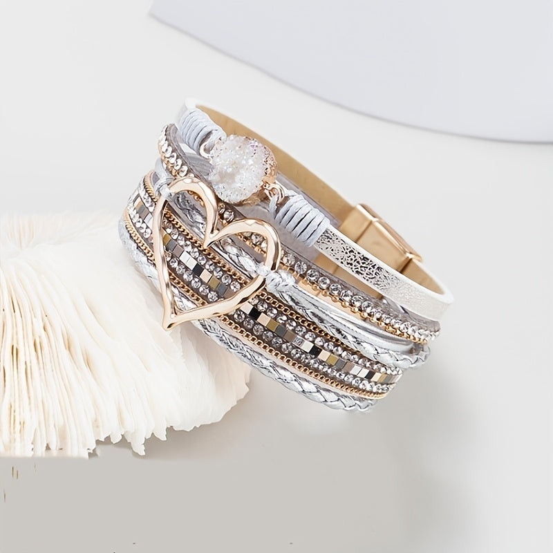 Zimonto - Bohemian Multi-layer Leather Bracelet Hand-woven Bracelet Golden Big Heart Ladies Fashion Bracelet